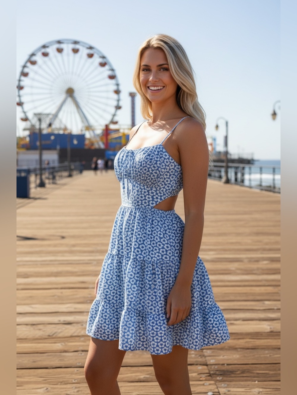 THÁLASSA Blue & White Polka Dot Open Back Bow Tiered Mini Dress Size Small